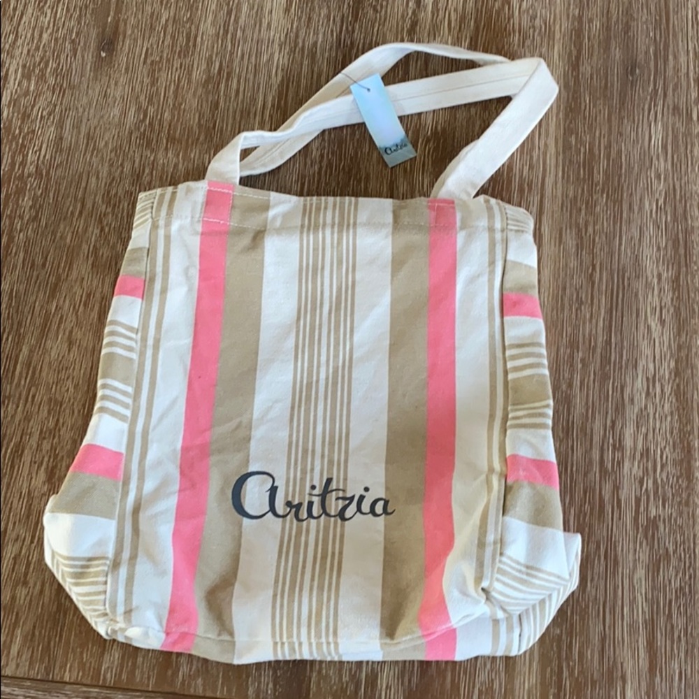 Aritzia Beige Cream and Pink Striped Canvas Tote Bag